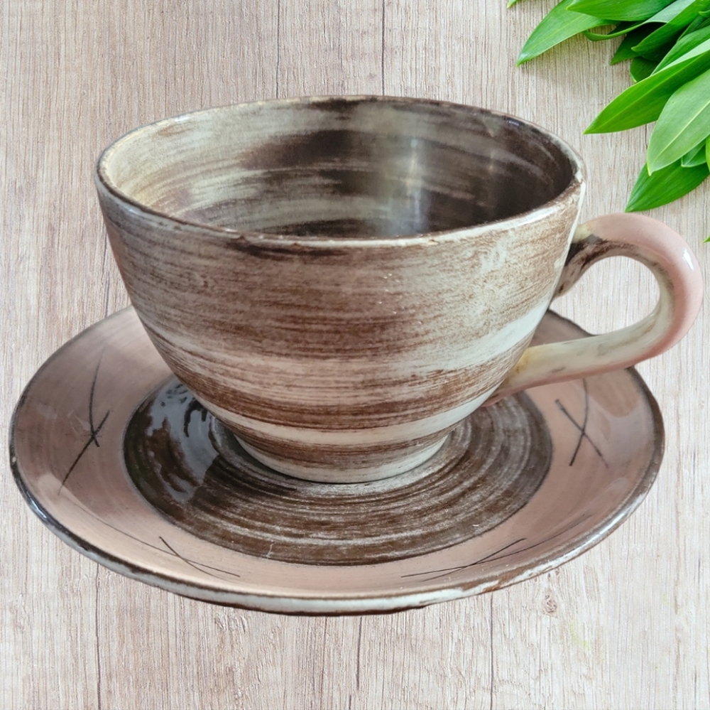 Vtg 1950s Stylized Spirals Brown & Pink SANTA ANITA Vreni Coffee Tea Cup Saucer